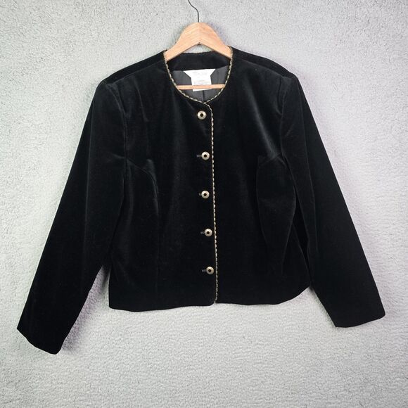 Tan Jay Black Velvet Blazer Gold Trim Metallic Buttons 14 Elegant - Picture 13 of 16